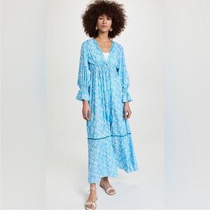 Playa Lucila Blue White Floral Long Sleeve Empire Tie Waist Open Duster Cover S